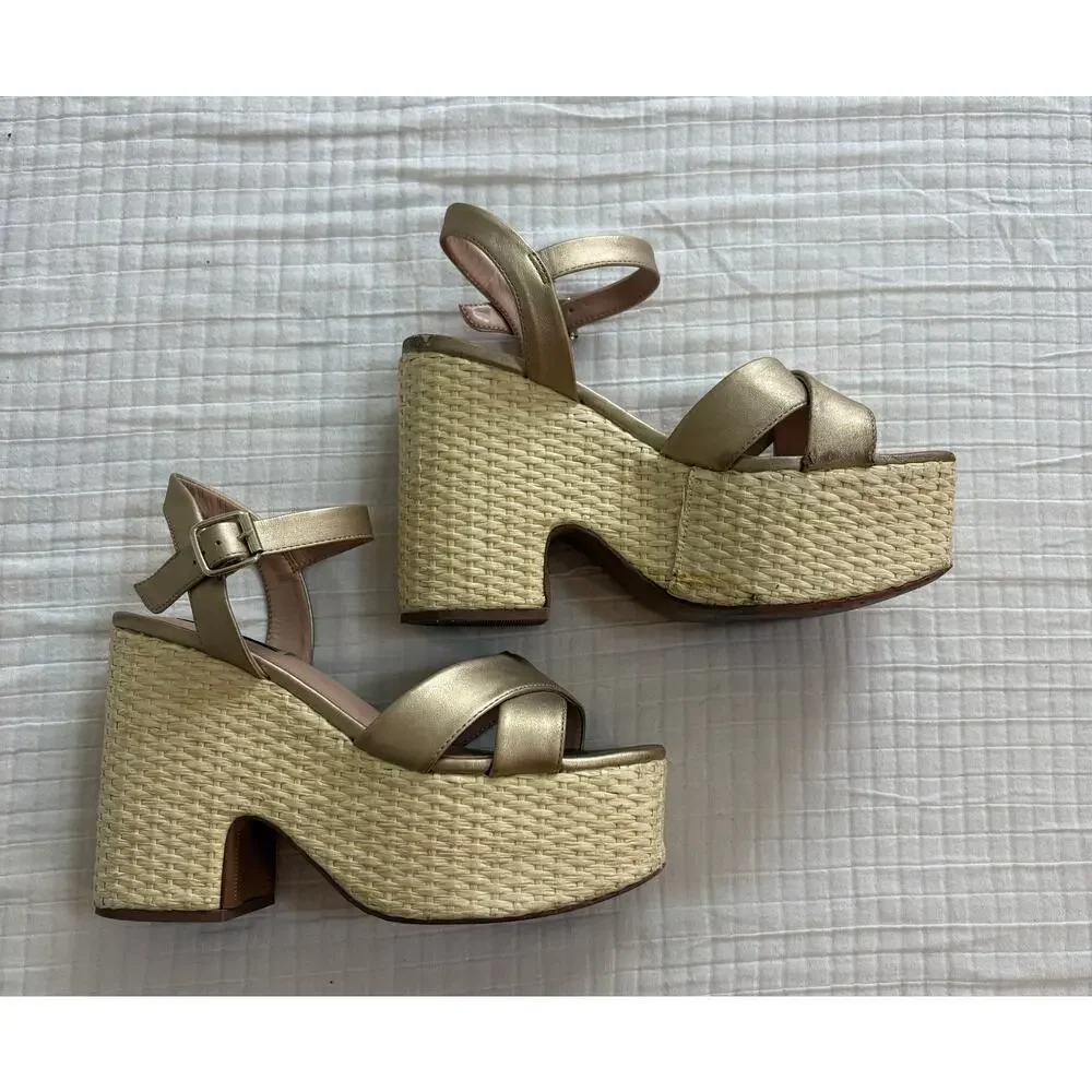Steven women Rattan Platform Wedge Gold Strapy Sandal Size 7